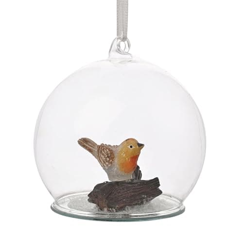 Image of Christmas Tree Baubles Glass - Woodland Robin Bird Ornament Snow Globe - Winter Animal Christmas Decorations Hanging Ornaments - Xmas Tree Decorations Clear Baubles