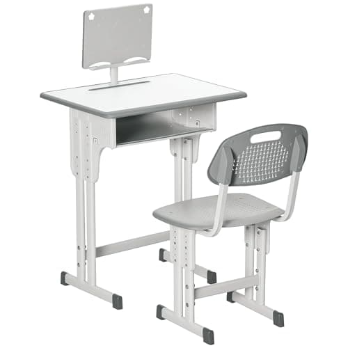 Image of HOMCOM Kids Desk and Chair Set Adjustable Height Study Table Set w/Drawer, Book Stand, Pen Slot - Grey
