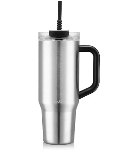 Image of Bodum Travel Mug Tumbler 1.2 L Sleek Silver - Metal Water Bottle with Straw, Handle and Lid - Dishwasher Safe - for Cold Drinks and Warm Coffee