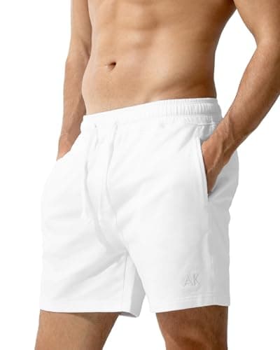 Image of Casey Kevin Men's Sweat Cotton Shorts Summer 5 Inch Short with Zip Pockets Elasticated Waist Drawstring Casual Running Shorts,White,M