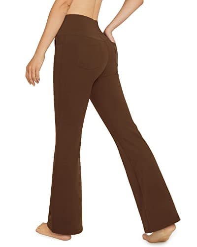 Image of G4Free Yoga Pants for Women UK High Waist Flared Leggings Ladies Stretch Trousers Denim Style with Pockets Dark Brown,S