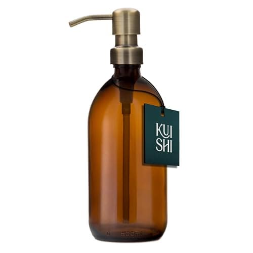 Image of Kuishi Glass Soap Dispenser with Gold Stainless Steel Pump - 500ml Refillable BPA-Free Hand Soap Dispenser for Kitchen & Bathroom, Amber
