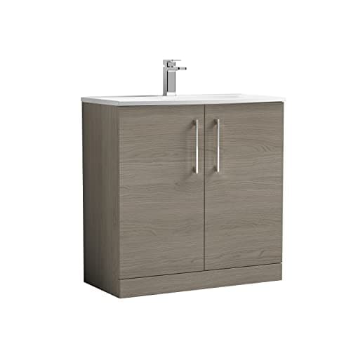 Image of nuie ARN2505G Arno Modern Bathroom Floor Standing 2 Door Vanity Unit with Curved Ceramic Basin, 800mm, Woodgrain Solace Oak