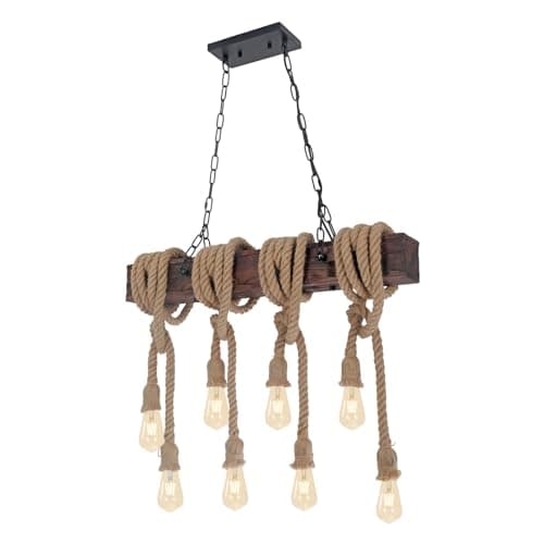 Image of KEESFU Farmhouse Light Fixtures Rustic Chandelier，8-Light Kitchen Island Light Height Adjustable，Hemp Rope Pendant Light for Kitchen Dining Room Bar [Energy Class A]