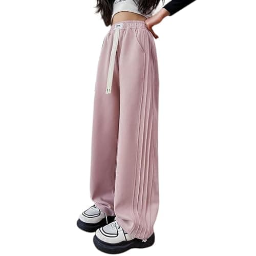 Image of Teen Girls Baggy Sweatpants Plain Drawstring Joggers Trousers with Pockets Kids Cotton Loose Elastic High Waist School Casual Running Sweatpants Bottom (Pink, 13-15 Years)