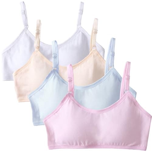 Image of 4 Pack Girls Sports Bra Training Bras Underwear with Fixed Bust Pad and Adjustable Strap Teenage Girls Crop Top for Kids 12-16 Years