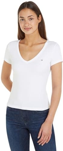 Image of Tommy Jeans Women's Tjw Slim Essential Rib V Ss Dw0dw17385 S/S Knit Tops, White, XS