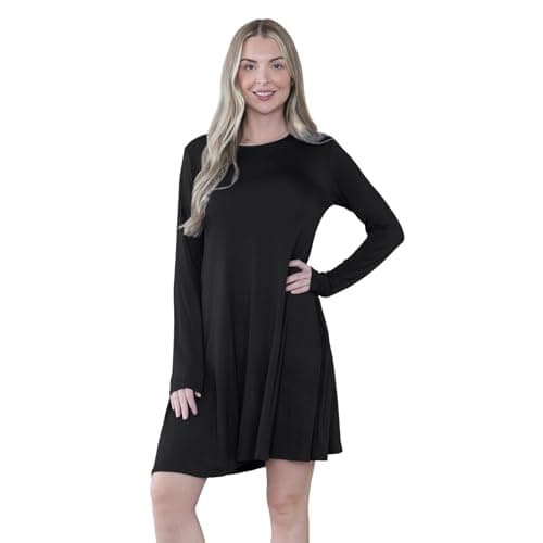 Image of Hamishkane® Womens Mini Dress, Plain Round Neck Long Sleeve Dresses for Women UK, Casual a Line Flared Skater Dress, Stretchy Summer Swing Mini Top, Ladies Party Wear Black