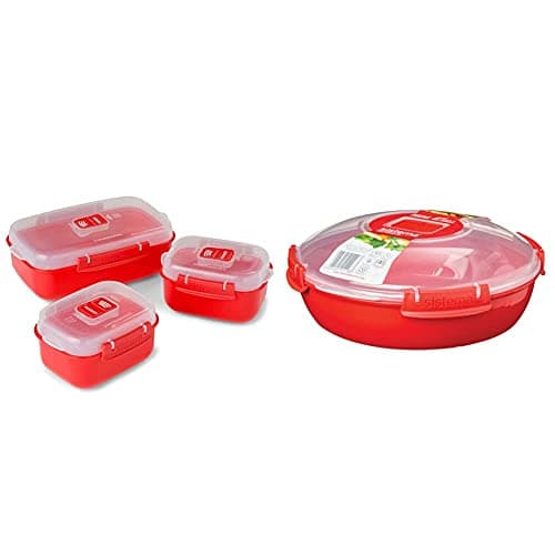 Image of Sistema Microwave Heat and Eat 3 Pack, Red/Clear, Pack of 3 & Round Microwave Dish, Red, 1.3 L