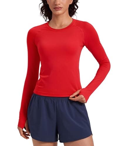 Image of CRZ YOGA Women's Seamless Sports Long Sleeve Shirts Ribbed Running Shirt with Thumb Hole Breathable Quick Dry Fitness Tops Deep Red 10