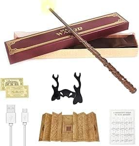 Image of CJBIN Hermione Granger Wand Glow, 38CM Hermiones Wands Light Up, USB Charging Hermione Granger Wands, Magic Wand in Gift Box with Card, Station Ticket, Map, and Holder