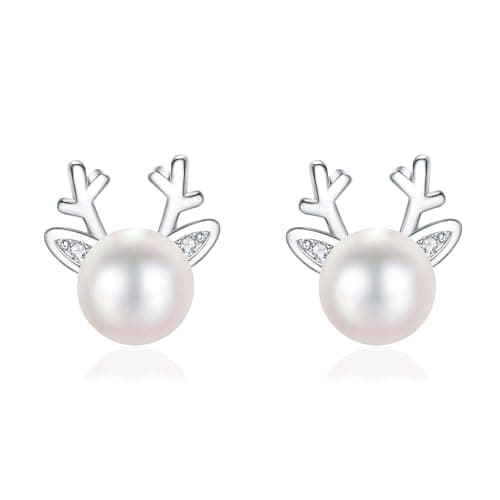 Image of Bewenda Silver Christmas Stud Earrings for Women, 925 Sterling Silver Reindeer Stud Earring with Pearl Zircon, Hypoallergenic Stud Earrings Xmas Tiny 7mm, Sleeper Cartilage Earrings Gift for Christmas