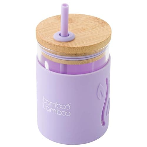 Image of bamboo bamboo Sippy Cup, Straw Cups for Toddlers, Glass Jar with Bamboo Lid & Silicone Impact Sleeve, Perfect for Drinks & Smoothies, 350ml Capacity Baby Cup for Transitioning Toddlers (Lilac)