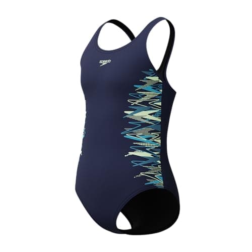 Image of Speedo Girls Placement Muscleback Swimsuit Swimming Costume Peacoat/Pale Clover Size 7-8 Years