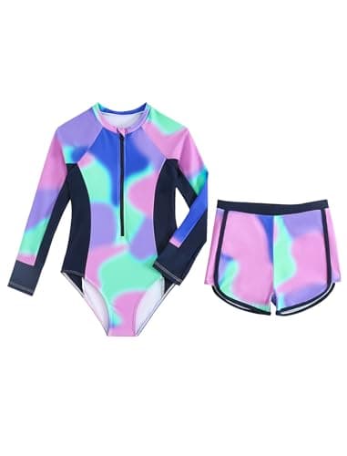 Image of JiAmy Girls Swimsuit Two Piece Tie-dye Set, UV Sun Protection Long Sleeve Rash Guard One Piece with Shorts Tween Swimming Costume for 9 Years, Purple (Tag: 9Y)