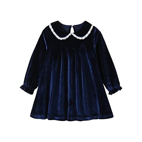 Image of Mud Kingdom Girls Velvet Dresses Peter Pan Collar Lace Trim Dress for Little Girl Long Sleeve Elastic Cuffs Dress Navy Blue 7-8 Years