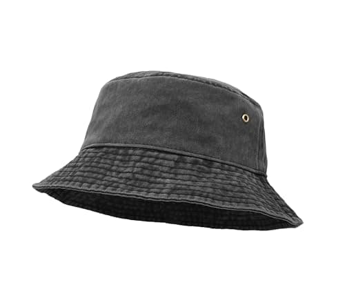 Image of UltraKey Bucket Hat, Wide Brim Washed Denim Cotton Outdoor Sun Hat Flat Top Cap for Fishing Hiking Beach Sports Black