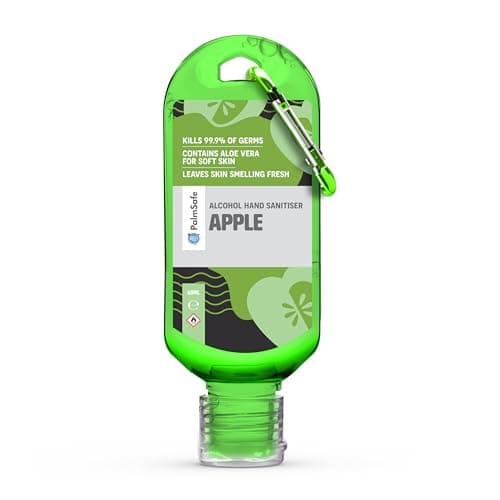 Image of Palm Safe Apple 60ml Anti Bacterial Premium Hand Sanitiser Travel Size Refillable Clip Bottle Quick Drying Non Sticky Extra Moisturising Kills 99.9% of Viruses and Bacteria