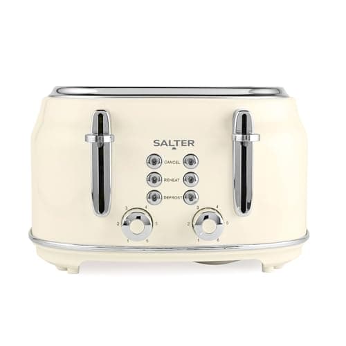 Image of Salter Retro Cream 4-Slice Toaster – Wide Slots, 6 Browning Levels, Defrost, Reheat, Cancel Functions, Removable Crumb Tray, Extra Thick Bread/Bagels, High-Lift Eject, Self-Centring, 1630W