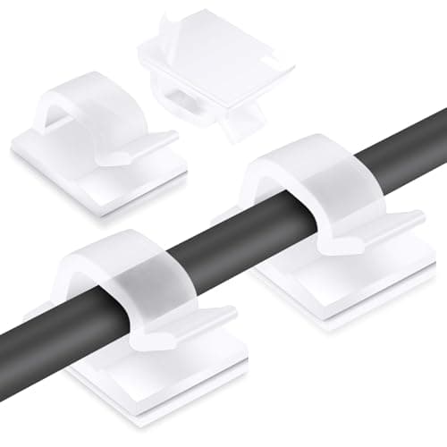 Image of URAQT 70 PCS Cable Clips, White Self Adhesive Outdoor Light Wire Clips with Adhesive Backing, Adhesive Cable Management Clips for Car Office Home Desk Wall Christmas Hanging Decorations Fairy Light