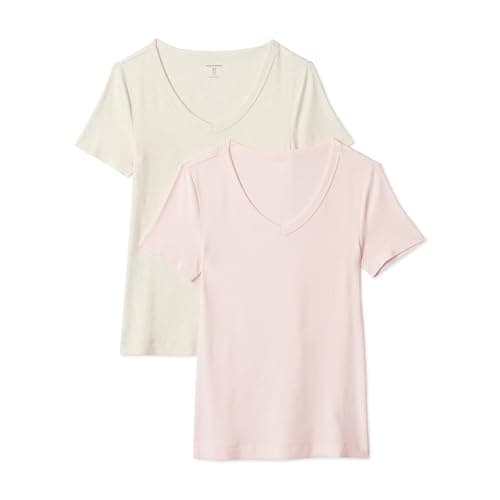 Image of Amazon Essentials Women's 2-Pack Slim-Fit Short-Sleeve V-Neck T-Shirt, Pack of 2, Oatmeal Heather/Light Pink, Medium