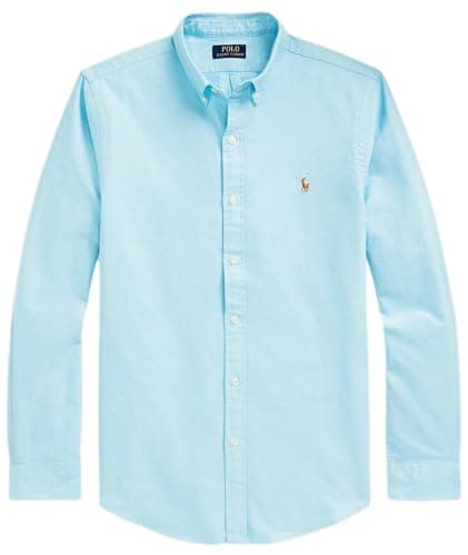 Image of POLO RALPH LAUREN Men's Long Sleeve Slim Fit Oxford Button Down Shirt, Basic Agean Blue, XL