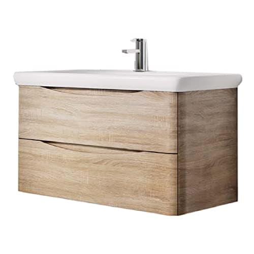 Image of The Bath People Light Wood Wall Hung Two Drawer Eaton 900mm Bathroom Vanity Unit & White Sink