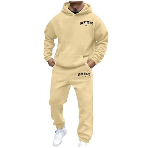 Image of Generisch Autumn Winter Fashion Men Women Casual Letter Print Long Sleeve Sports Hoodie Set Fleece Sweat Jacket Men, beige, S