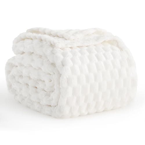 Image of Aisbo White Throws Blankets for Sofa - Single Fleece Fluffy Bed Throws for Sofas, Soft Warm Fuzzy Blanket for Couch, 130x150 cm