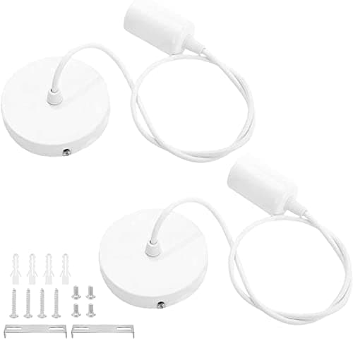 Image of ZHIQIN 2 Pack Ceiling Pendant Light Fitting White E27 Metal Ceiling Rose Pendant Lamp Holder Light Fitting Set with 100cm Cable for Kitchen Dining Room Ceiling Lights