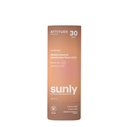 Image of ATTITUDE Tinted Mineral Sunscreen Face Stick with Zinc Oxide, SPF 30, EWG Verified, Plastic-Free, Broad Spectrum UVA/UVB Protection, Dermatologically Tested, Vegan, Unscented, 20 g