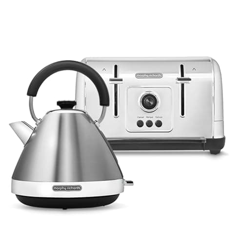 Image of Morphy Richards Venture Kettle and 4-Slice Toaster Set – 1.7L Pyramid Kettle with Fast Boil Function & 4-Slice Toaster, Variable Browning & Auto Pop-Up, Brushed Stainless Steel, 100130 | 240130