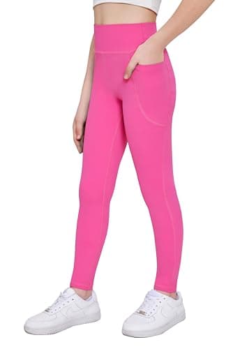 Image of Arshiner Leggings Girls Pink Kids Sports Leggings Long Plain Sports School Trousers Basic Elastic Jeggings Jogging Training Yoga Casual Trousers with Pockets 7-8 Years