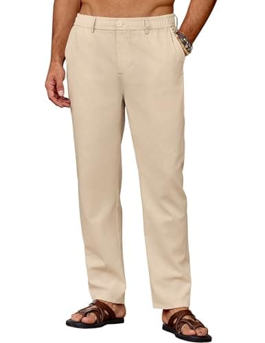 Image of COOFANDY Mens Linen Trousers Summer Trousers Elasticated Waist Beach Trouser Casual Pants with Placket Casual Trouser Comfortable Lightweight Pants Light Khaki XL