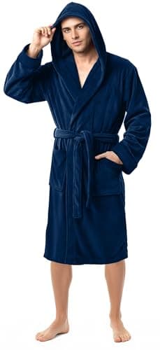 Image of NY Threads Mens Dressing Gowns Fleece Fluffy Hooded Bathrobe Men Warm Luxury Housecoat and Nightgown, Medium, Navy