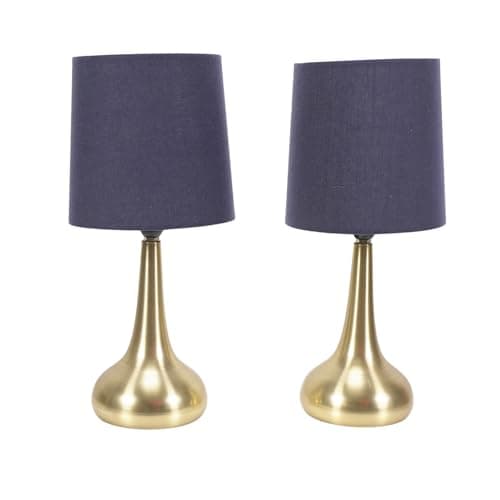 Image of ValueLights | Brushed Gold Teardrop Touch Dimmer Table Lamps with Navy Blue Shade | Home Décor, Bedside & Desk Lamp | Includes Bulb
