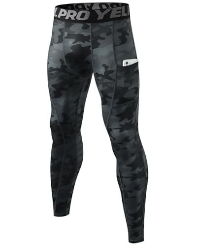 Image of Yuerlian Camo Black Compression Running Leggings Men Workout Base Layer Tights Quick Dry Trousers with Pockets Sports Gym Golf Walking Training