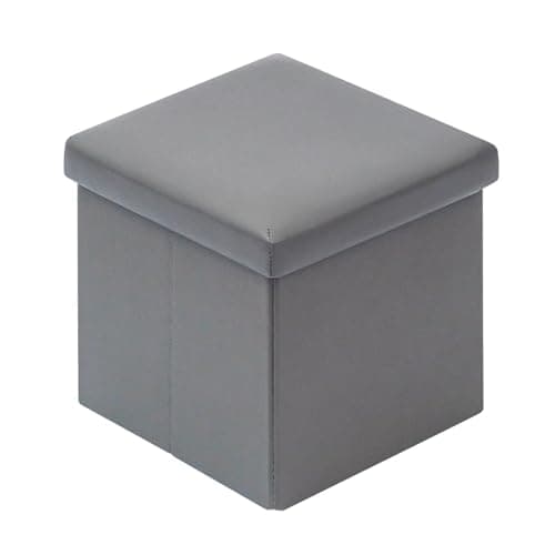 Image of Bonlife Small Folding Ottoman Storage Box Seat,Kids Foldable Toy Chest with Lid,Faux Leather Cube Footstool for Living Room Light Grey,30x30x30cm
