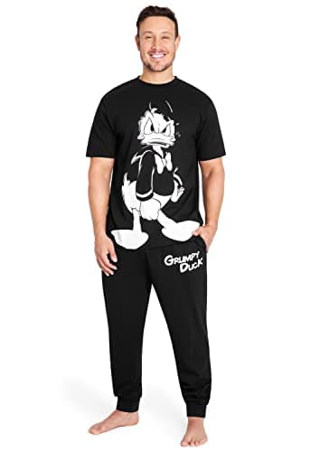 Image of Disney Mens Pyjamas Jack Skellington Donald Duck Grumpy Men's Nightwear Set T-Shirt Long Bottoms PJs M-3XL Loungewear (Black Donald Duck, XL)