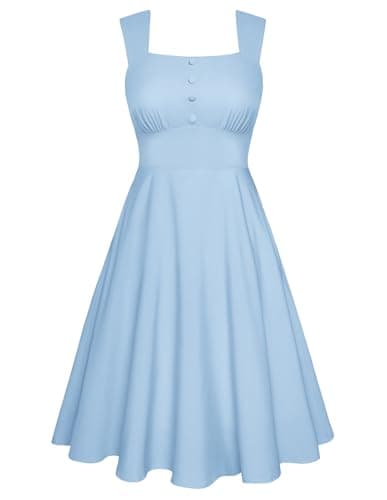 Image of Belle Poque Square Neck Sundress for Women Blue Midi Dress Cocktail Tea Party Wedding Dress XL
