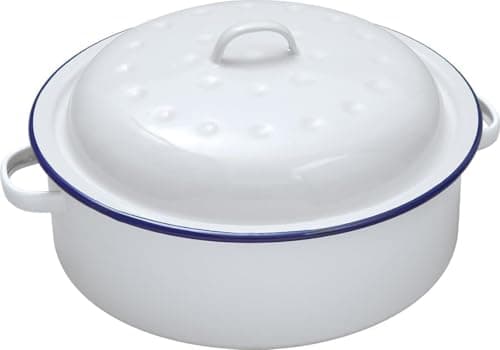 Image of Bargain Crown 26cm White Enamel Round Roaster Dish with Lid – Heavy-Duty Casserole & Baking Pan – Vintage Style with Blue Rim – Self-Basting, Oven to Table Serving