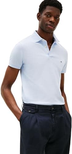 Image of Tommy Hilfiger Men’s Short Sleeve 1985 Slim Fit Polo Shirt, Blue (Breezy Blue), M