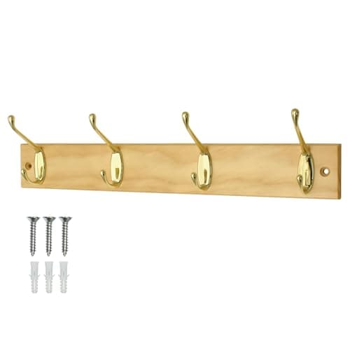 Image of keypak Coat Rack Wall Mounted Polished Brass 4 Double Hooks - Solid Pine Rack - 45cm - Clothes Hanger for Hallway, Bedroom, Bathroom