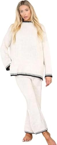Image of PureLayne Women’s Knitted Co-Ord Set Oversized 2 Piece Lounge Set – Long Sleeve Winter Warm Pullover Jumper & Trousers Tracksuit, Casual Solid Colour Knitwear Outfit (Cream, One Size (8-16))