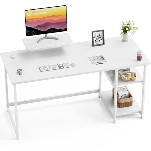 Image of GreenForest Computer Desk with Monitor Stand,140cm Home Office Desk with Reversible Storage Shelves,Study Desk for Home and Small Spaces,Full White