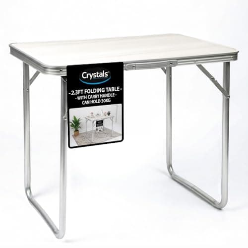 Image of Crystals Foldable Camping Table Portable Lightweight Aluminium Picnic Table - 4 People Compact Garden Table - (70W x 60H x 50D) cm - 30Kg Weight Capacity (White)
