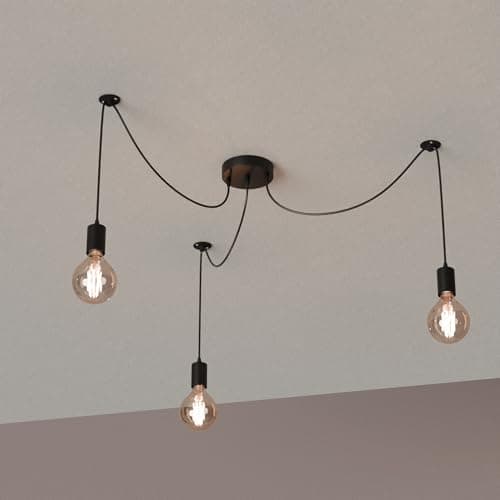 Image of LEDSone LModern 3 Way Spider Pendant Light Industrial E27 Lamp Holder 1.5m Adjustable Ceiling Hanging Lighting Fixture for Living Room Kitchen Restaurant Cafe Bar(Black Without Bulb)