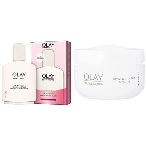 Image of Olay Beauty Fluid Face And Body Moisturiser, with glycerin and hyaluronic acid, 200 ml (Pack of 1) and Double Action Day & Night Sensitive Cream, 50ml