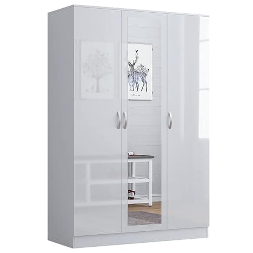 Image of Nera Gloss 3 Door Wardrobe for Bedroom 120cm Wide with Mirror Shelves and Hanging Rail Storage Cabinet(Gloss White (Matt White))