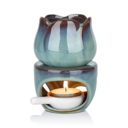 Image of Ceramic Essential Oil Burner Wax Melt Burner with Candle Spoon, Removable Aromatherapy Burner Blue Ceramic Aroma Oil Candle Diffuser Wax Tart Warmer for Home Bedroom Decor